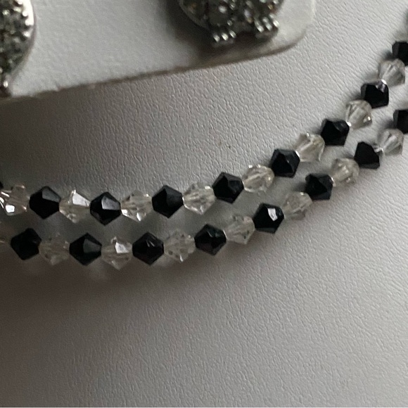 Vintage- Jet & Rock Crystal Double Strand Necklace w/ Owl Crystal Earrings - Picture 5 of 16